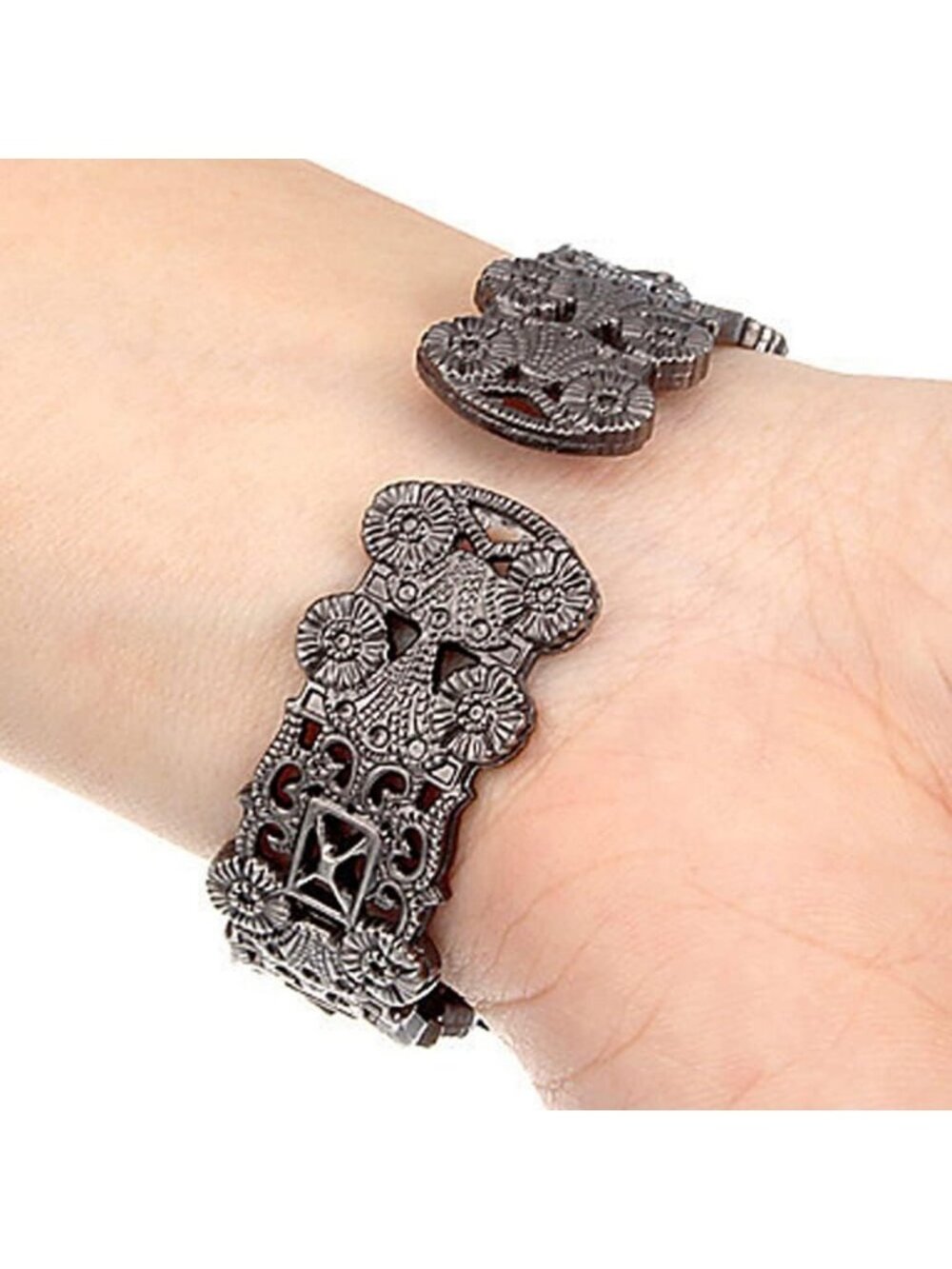 Women's Black Vintage Cuff Bangle Carved Flowers Analog Quartz Wrist Watch - Picture 7 of 7